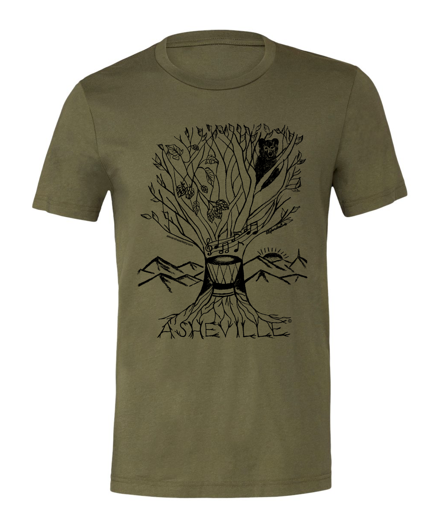 Asheville Tree unisex military green t-shirt