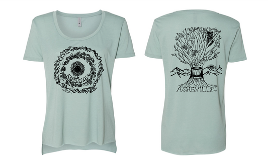 Doublesided Asheville Sunflower and Asheville Tree Women's scoopneck hi-low t-shirt-stonewash green